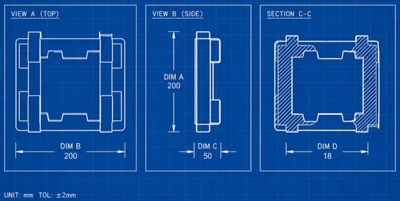 Technical drawing of a custom foam insert
